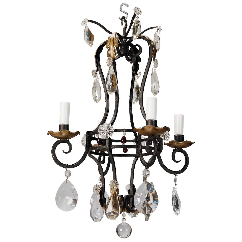 French Four Light Black Iron and Crystal Chandelier