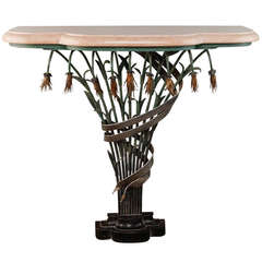 Outstanding Art Deco Iron Console With Tole Lilies and Marble Top