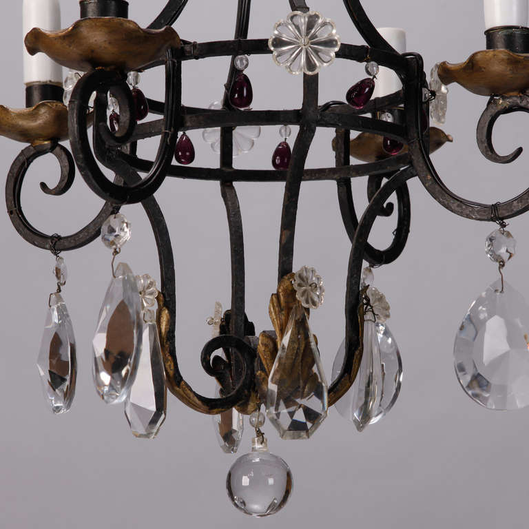 Mid-20th Century French Four Light Black Iron and Crystal Chandelier