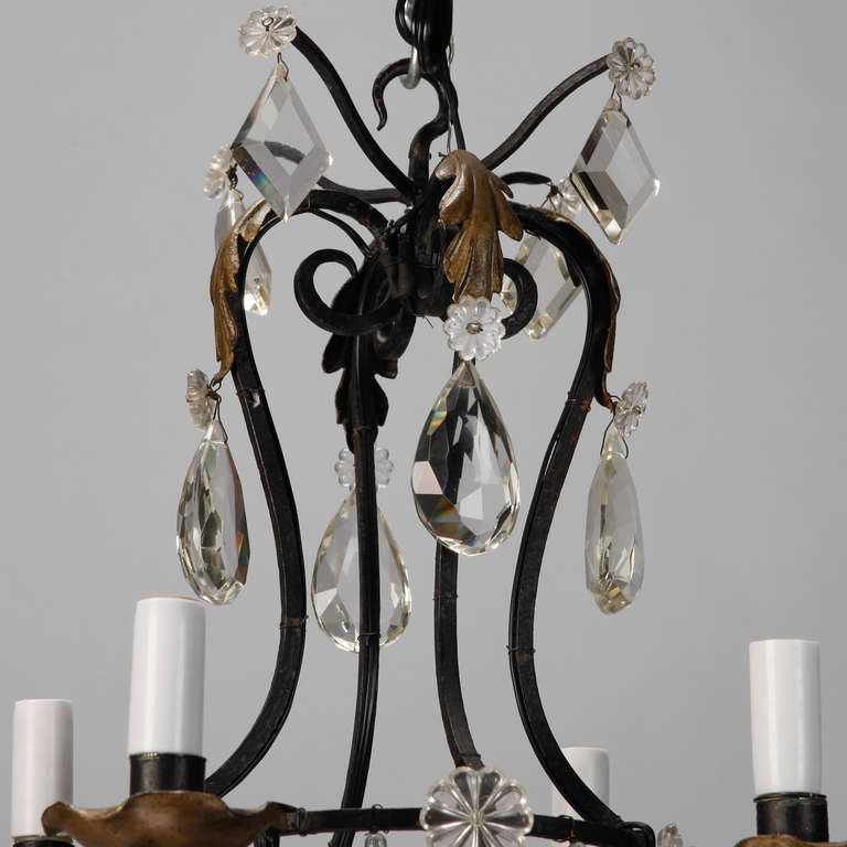 French Four Light Black Iron and Crystal Chandelier In Excellent Condition In Troy, MI