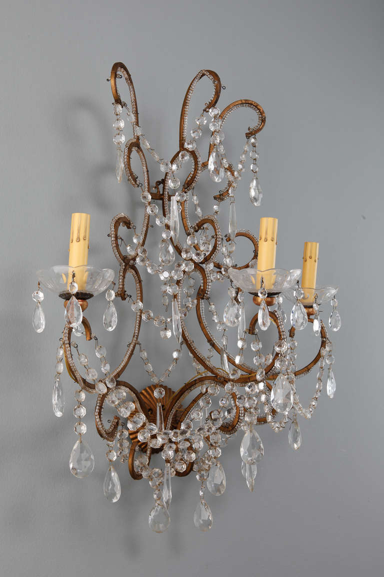 Large French Single Three Light Beaded Sconce In Excellent Condition In Troy, MI