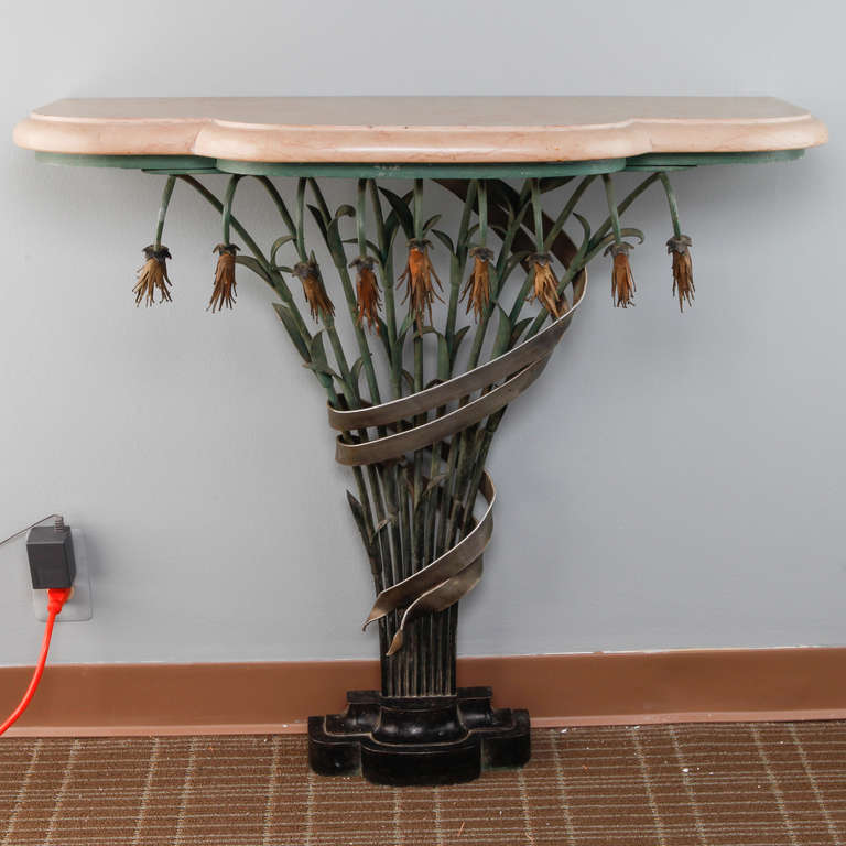 Outstanding Art Deco Iron Console With Tole Lilies and Marble Top
