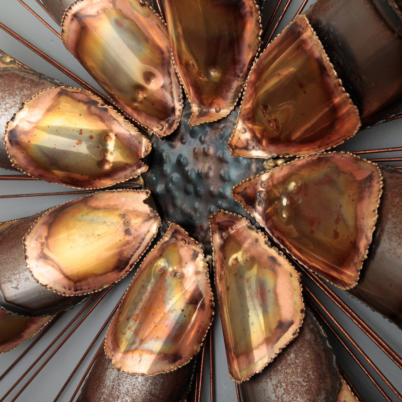 Curtis Jere Artisan House, Brutalist Style Copper Sunburst Wall Sculpture In Excellent Condition In Troy, MI