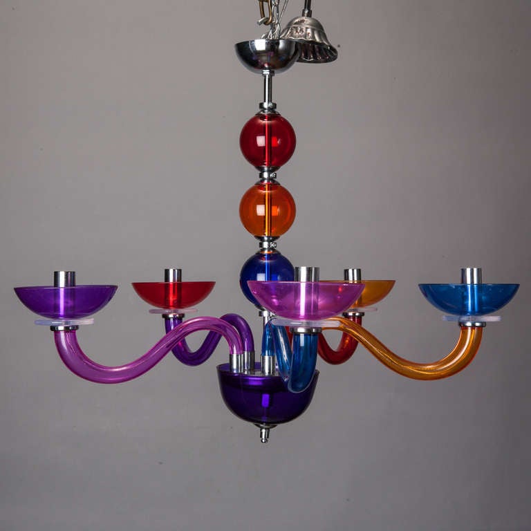 Pop Art Acrylic Multi Color Chandelier In Style Of Gio Ponti At Circa 1970s Multi Color Acrylic Chandelier In Bright Shades Of Blue Yellow Orange