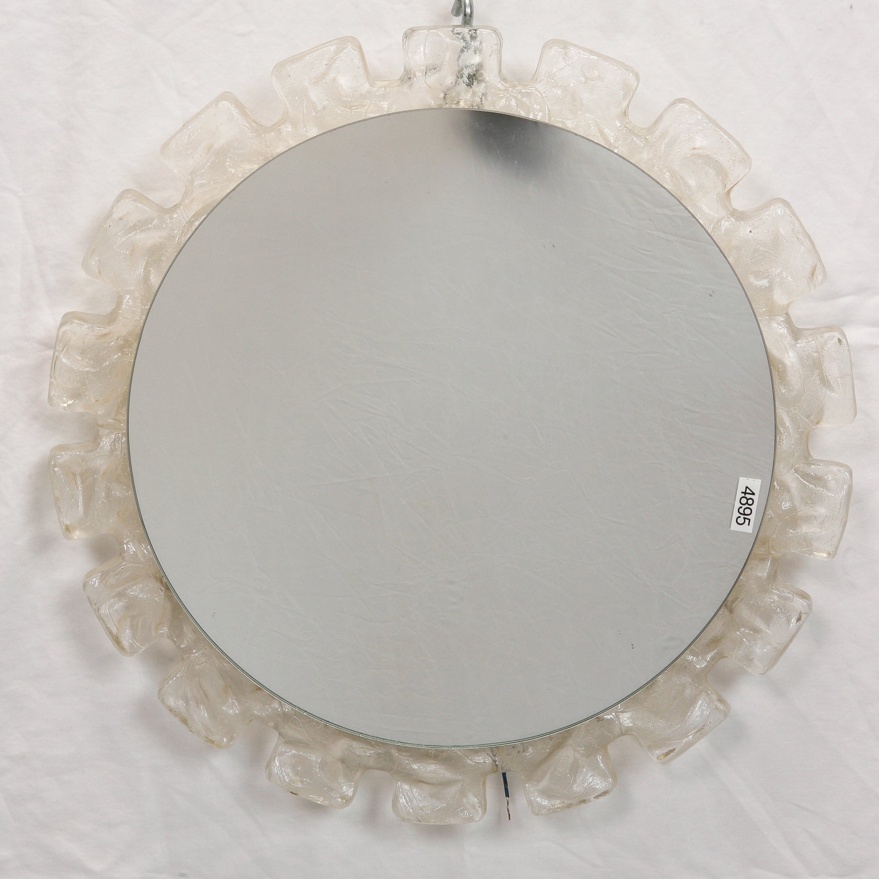 Mid Century Light Up Round Mirror with Clear Battlement Edge Frame