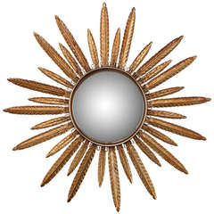 Vintage Midcentury Gilt Metal Convex Sunburst Mirror