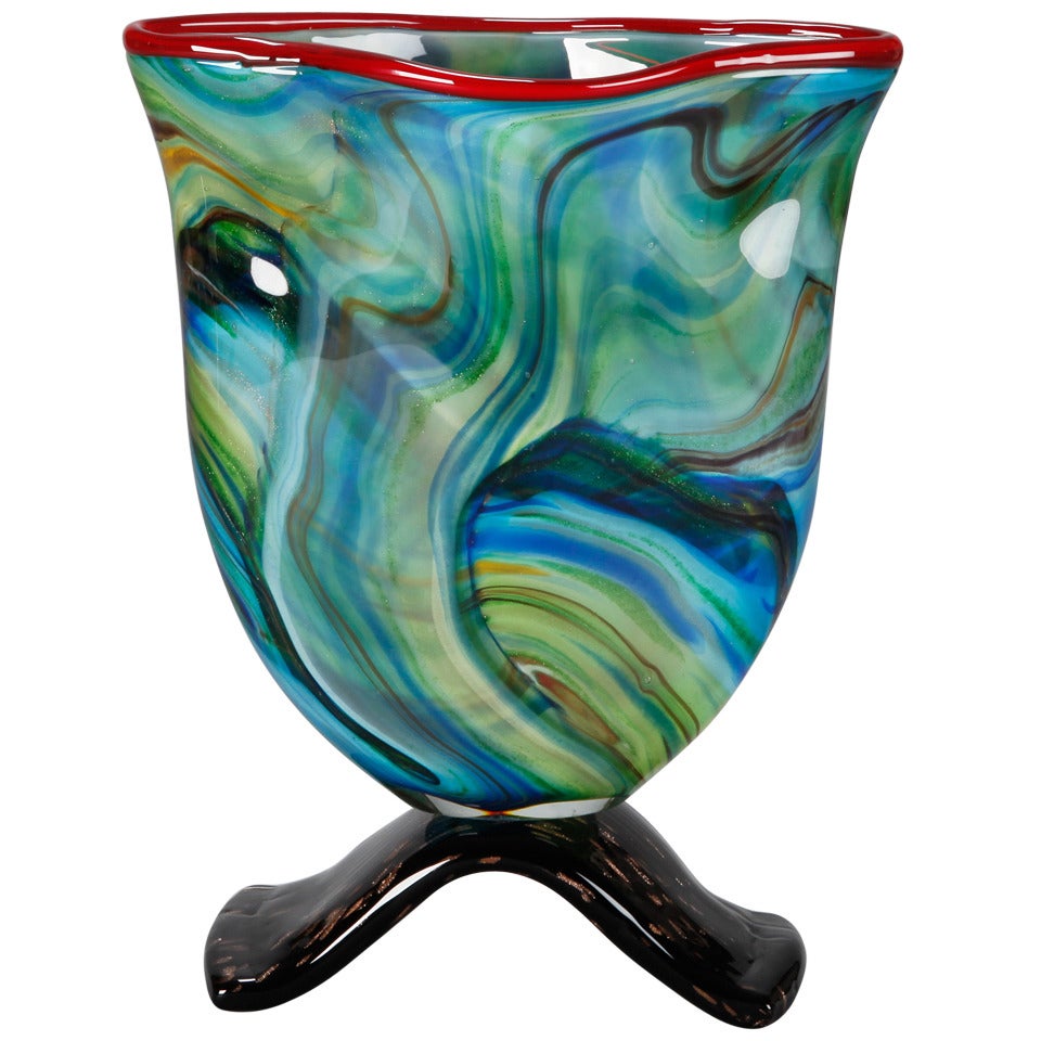Blue Green Murano Art Deco Vase with Red Edge and Black Base