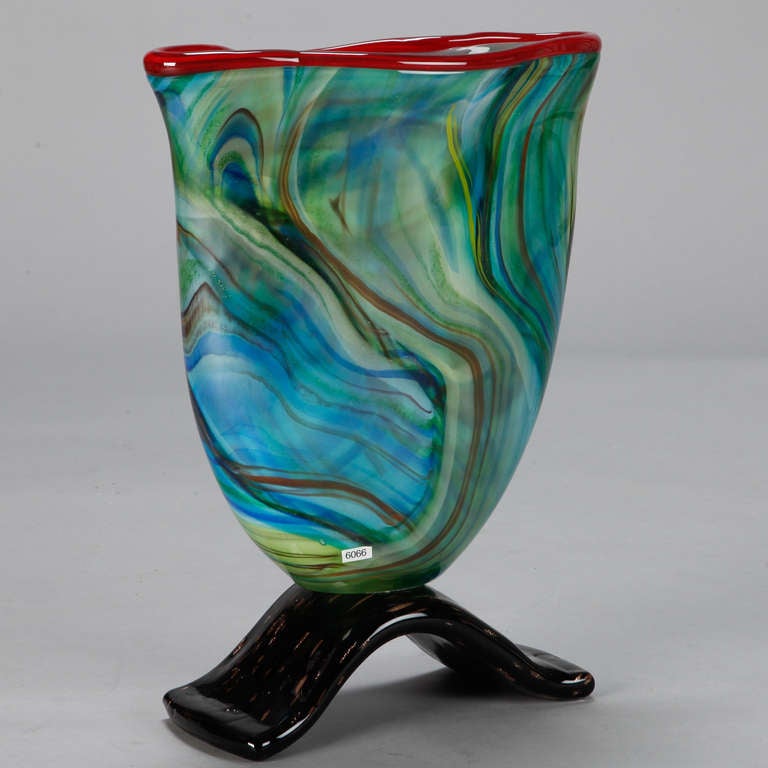 Italian Blue Green Murano Art Deco Vase with Red Edge and Black Base
