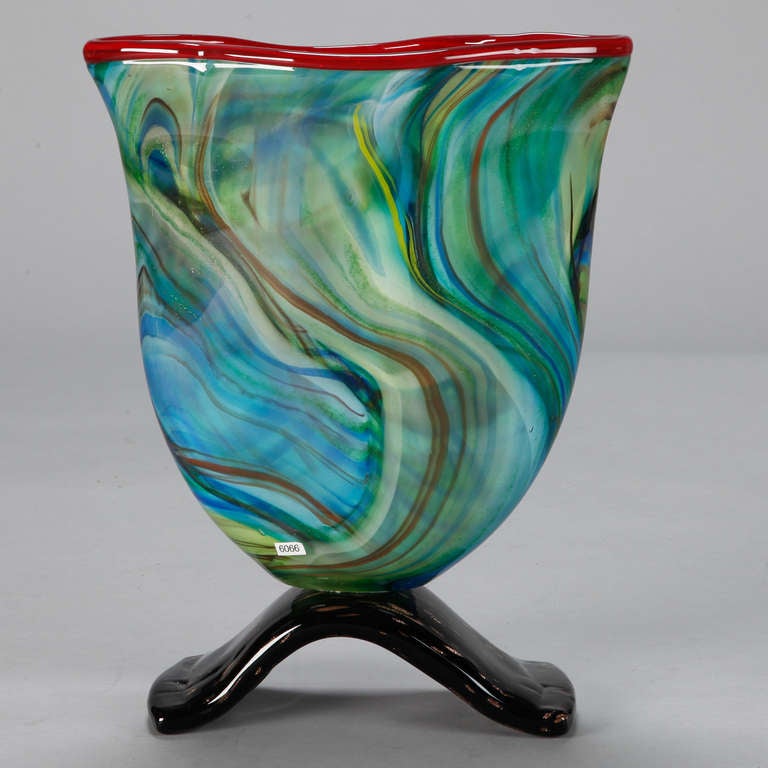 Blue Green Murano Art Deco Vase with Red Edge and Black Base In Excellent Condition In Troy, MI