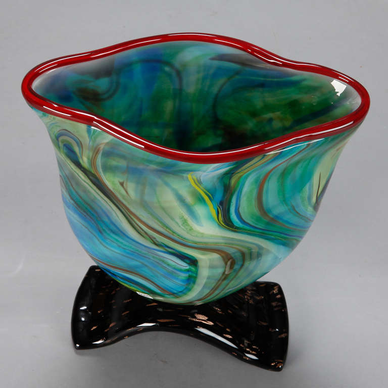 Mid-20th Century Blue Green Murano Art Deco Vase with Red Edge and Black Base