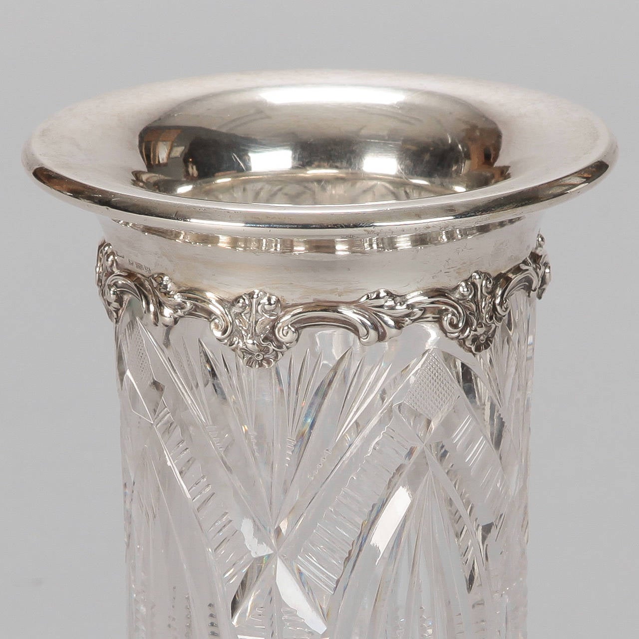 Early 20th Century Heavy Carved Crystal Vase with Sterling Silver Rim
