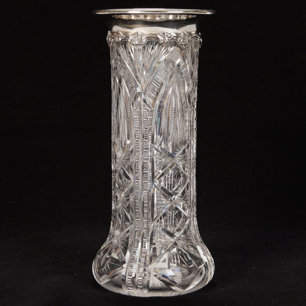 European Heavy Carved Crystal Vase with Sterling Silver Rim