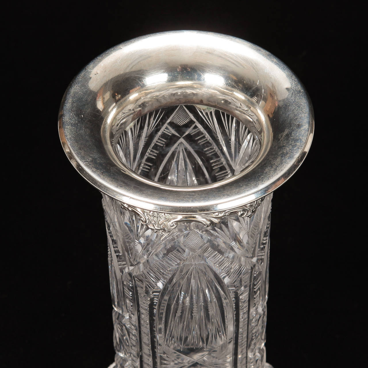 Heavy Carved Crystal Vase with Sterling Silver Rim In Excellent Condition In Troy, MI