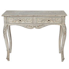 Painted French Table with Carved Leaves and Flowers