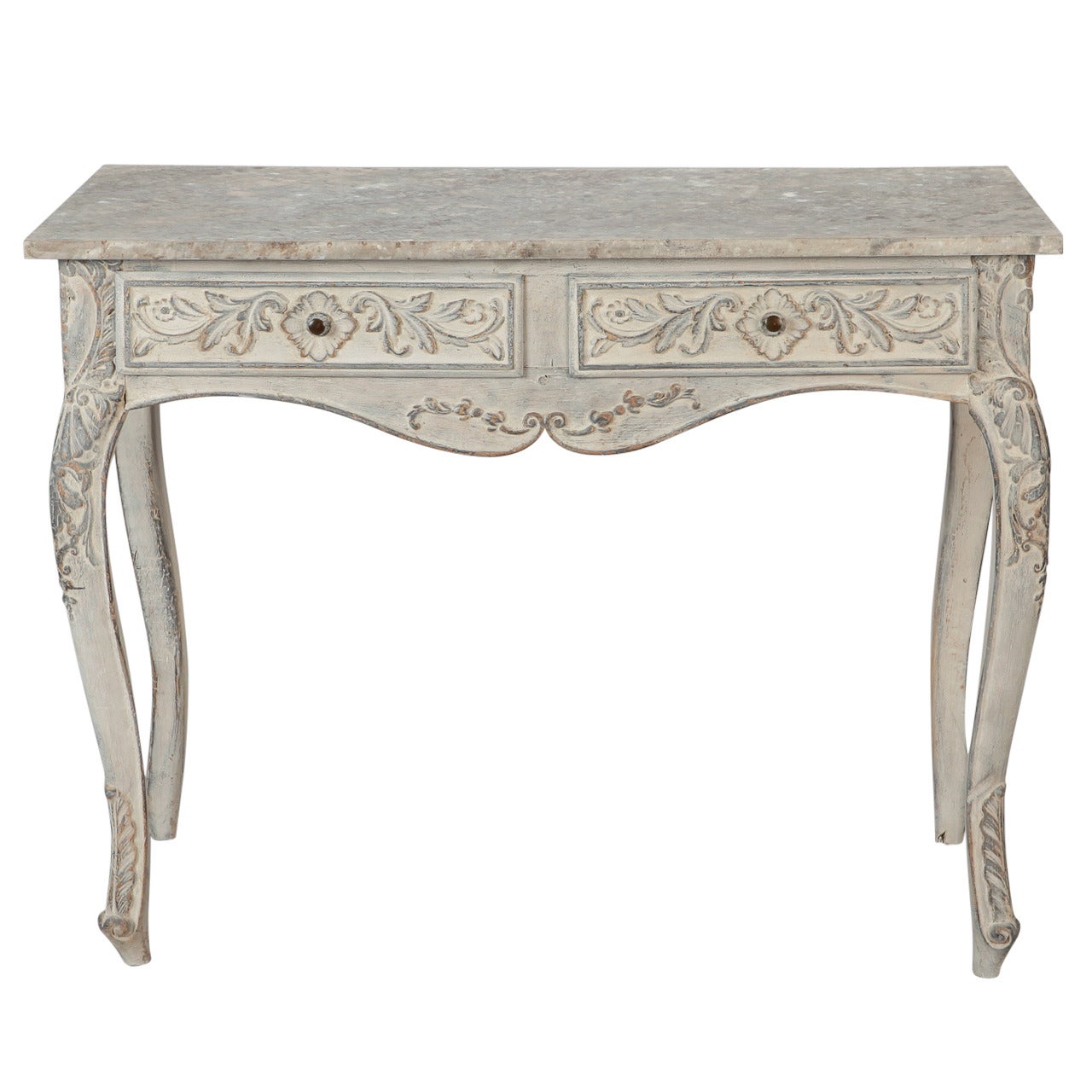 Painted French Table with Carved Leaves and Flowers