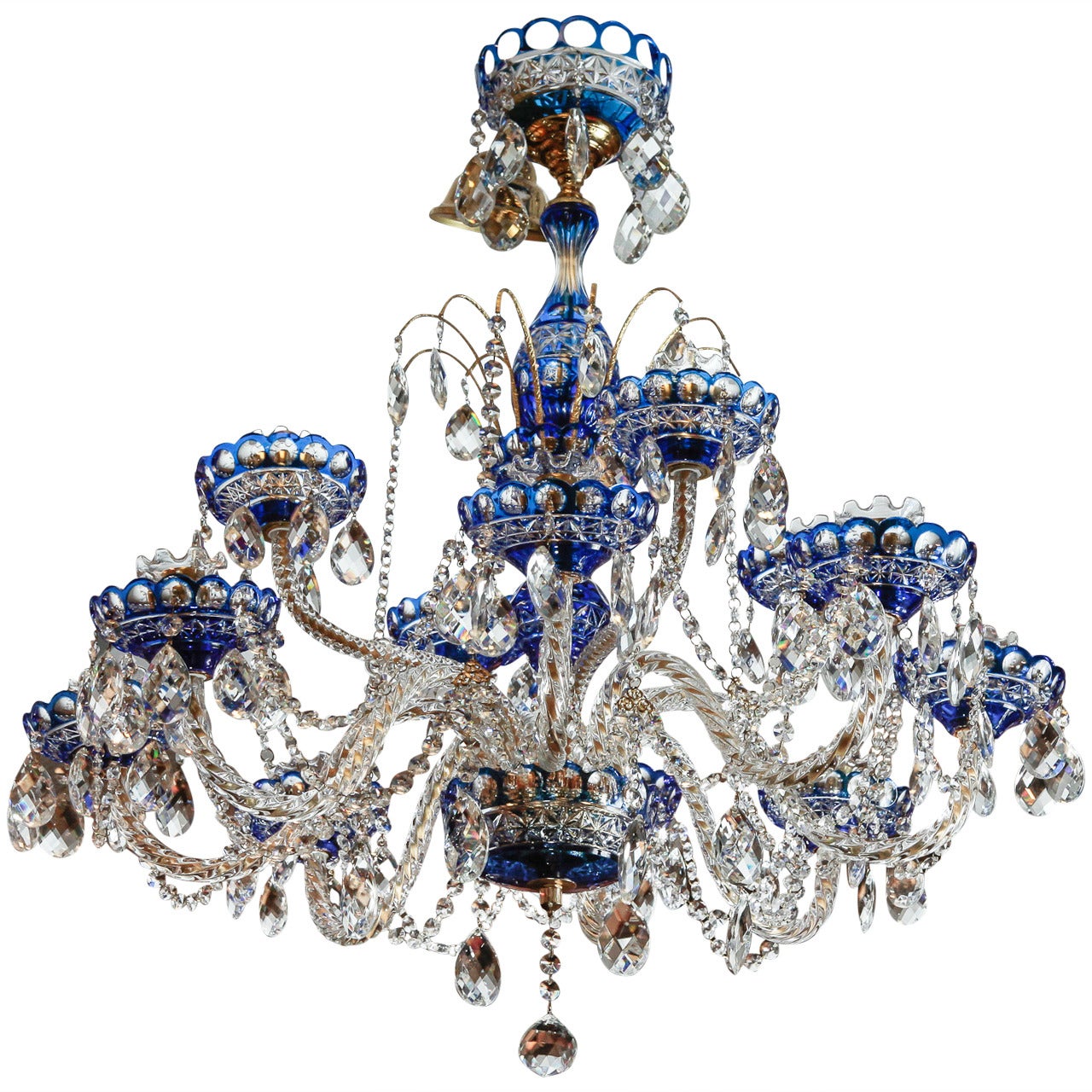 Dutch Cobalt Blue Cut to Clear Crystal Twelve-Light Chandelier