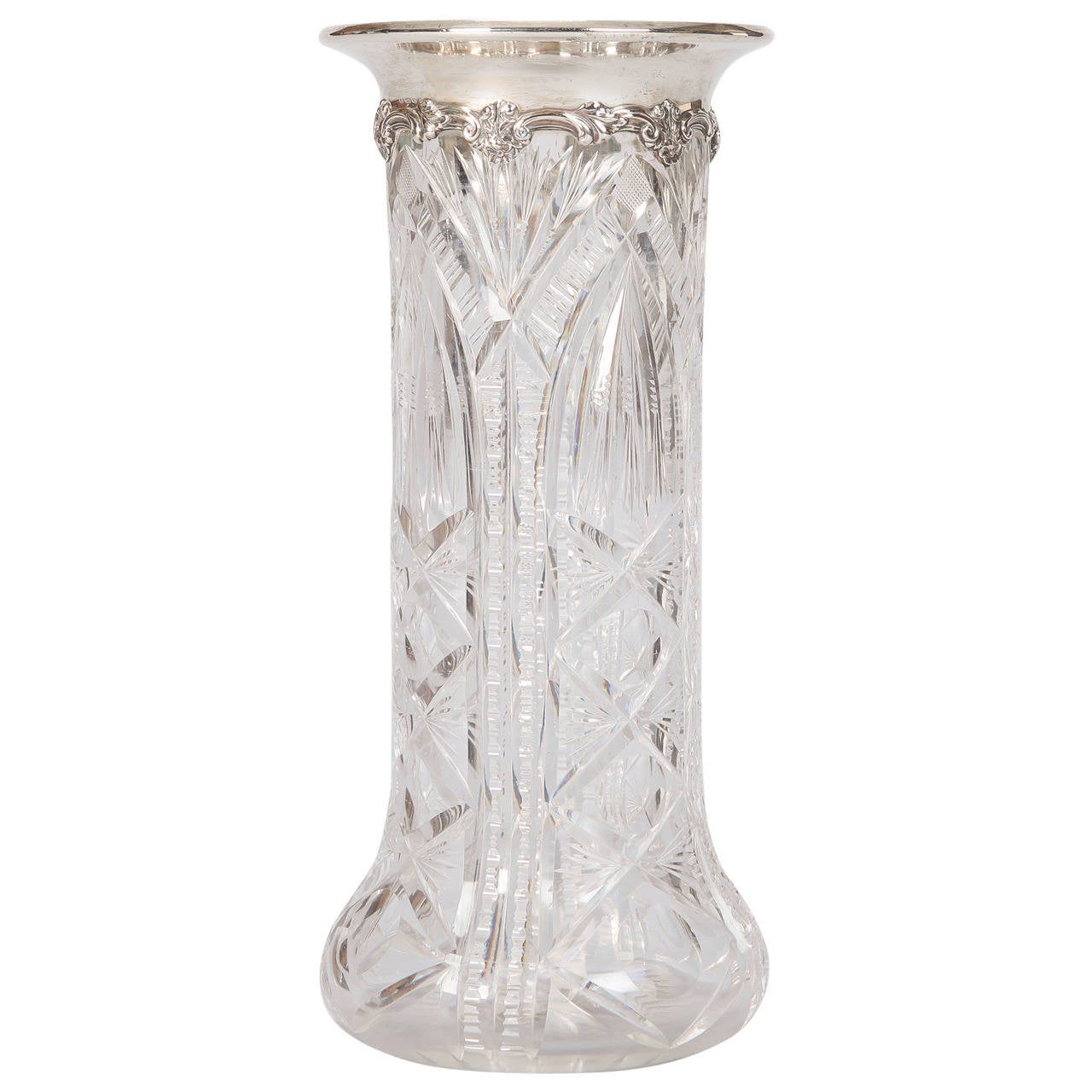 Heavy Carved Crystal Vase with Sterling Silver Rim For Sale at 1stdibs