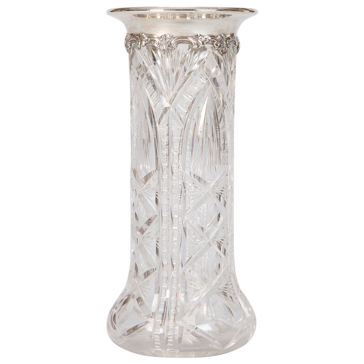 Heavy Carved Crystal Vase with Sterling Silver Rim