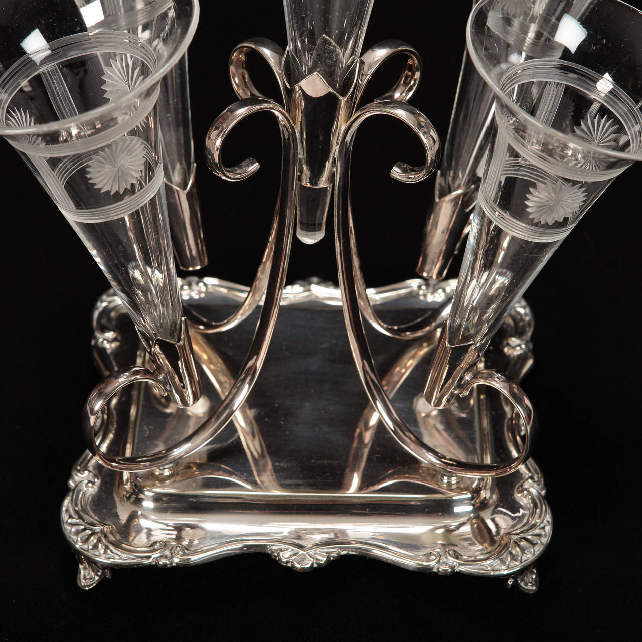 Glass 19th Century Silver Plate Center Epergne with Five Trumpets