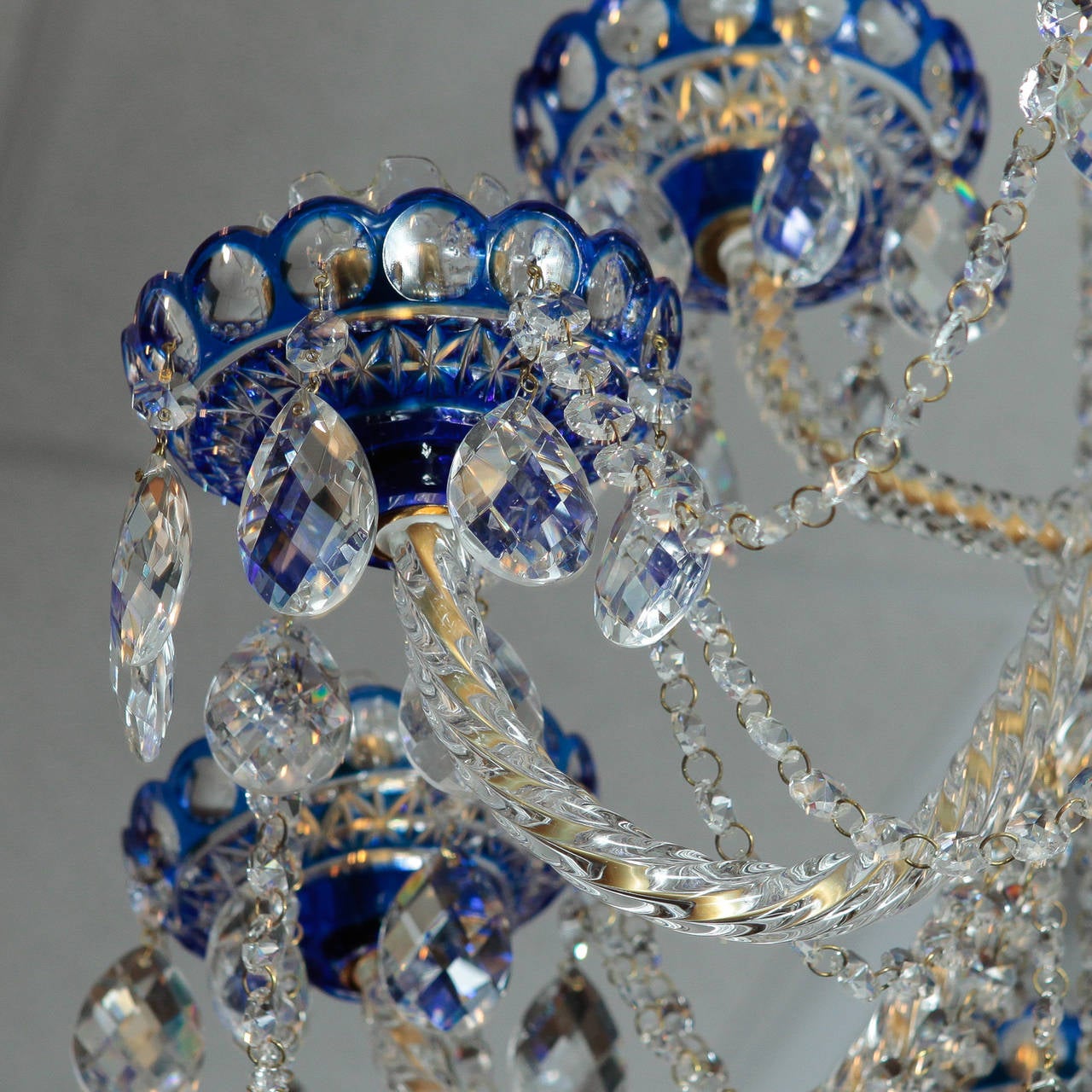 Cut Glass Dutch Cobalt Blue Cut to Clear Crystal Twelve-Light Chandelier