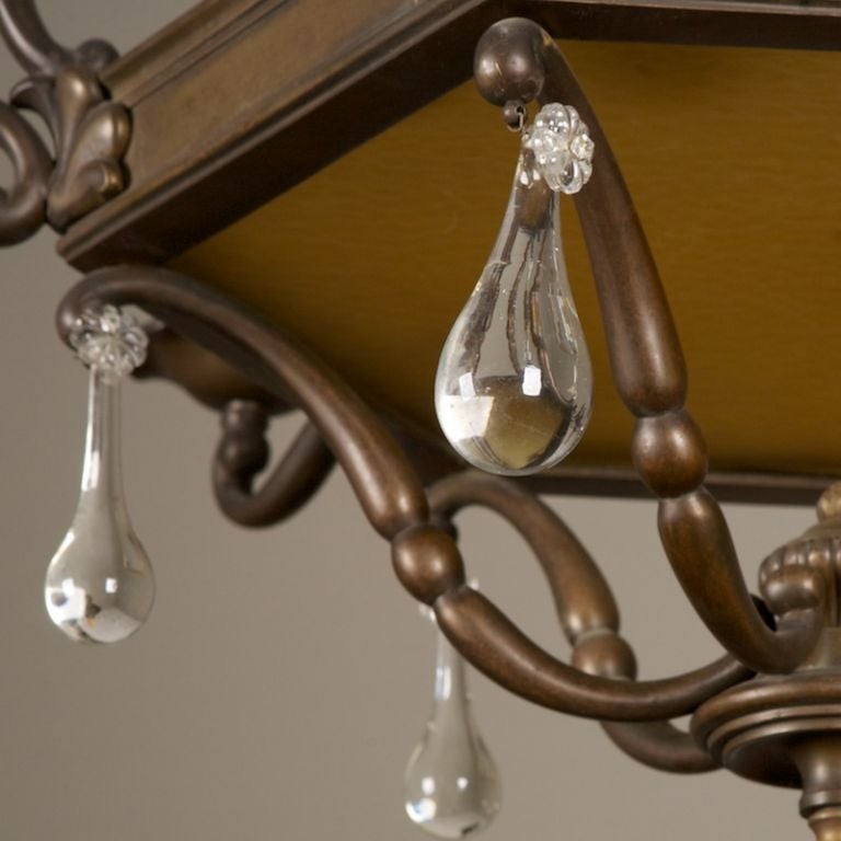 Dutch Bronze and Glass Six-Arm Chandelier In Excellent Condition In Troy, MI