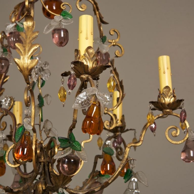 Six Light Chandelier with Colored Glass Fruit In Excellent Condition In Troy, MI