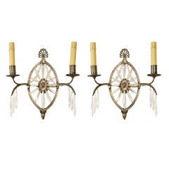 Delicate French Bronze and Crystal Two Light Sconces