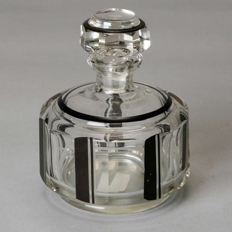 Art Deco era Czech art glass perfume bottle with stopper and black stripe design. 