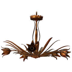 Italian Five Light Gilded Tole Floral Sunburst Chandelier