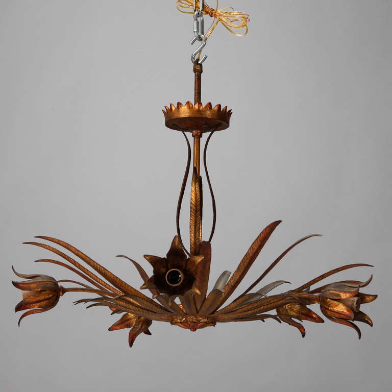 Circa 1930s tole chandelier with slender leaves, original ceiling canopy and sockets in each of the five tulip or lily form flowers. Beautifully rendered fixture has a sunburst shape and nice patina on the gilt metal finish. New electrical wiring