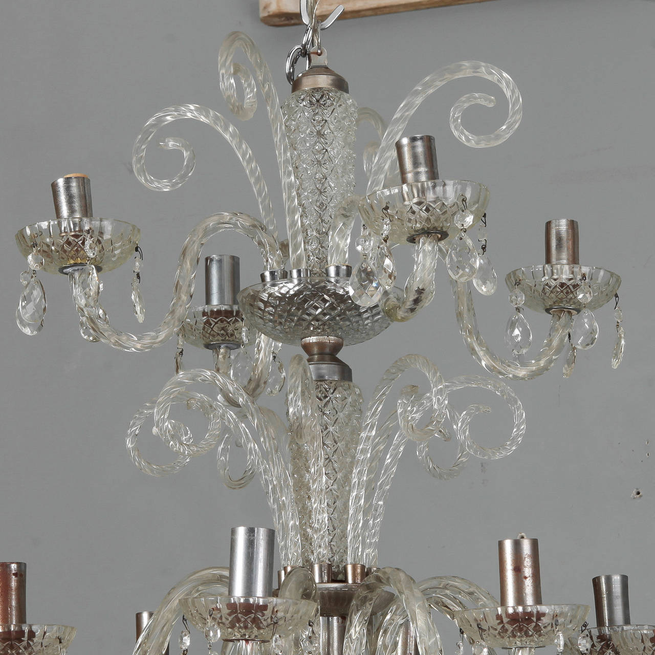 Blown Glass Large Double-Tier Murano Clear Glass Chandelier