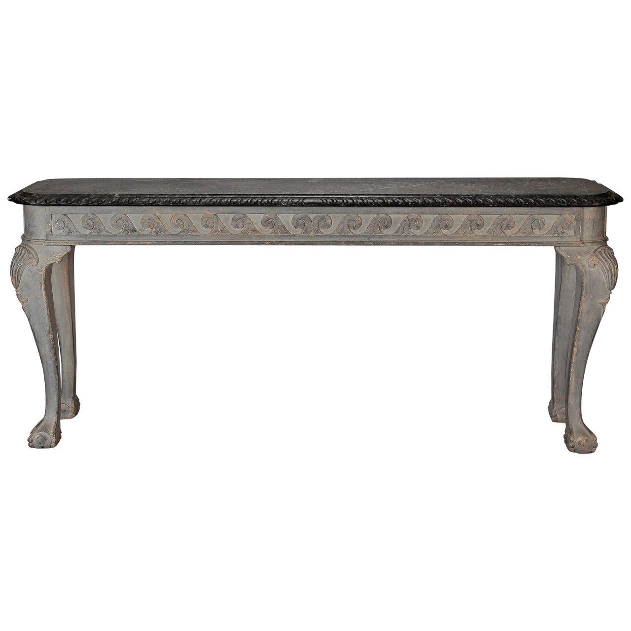 French Gray Wood Console with Painted Faux Marble Top