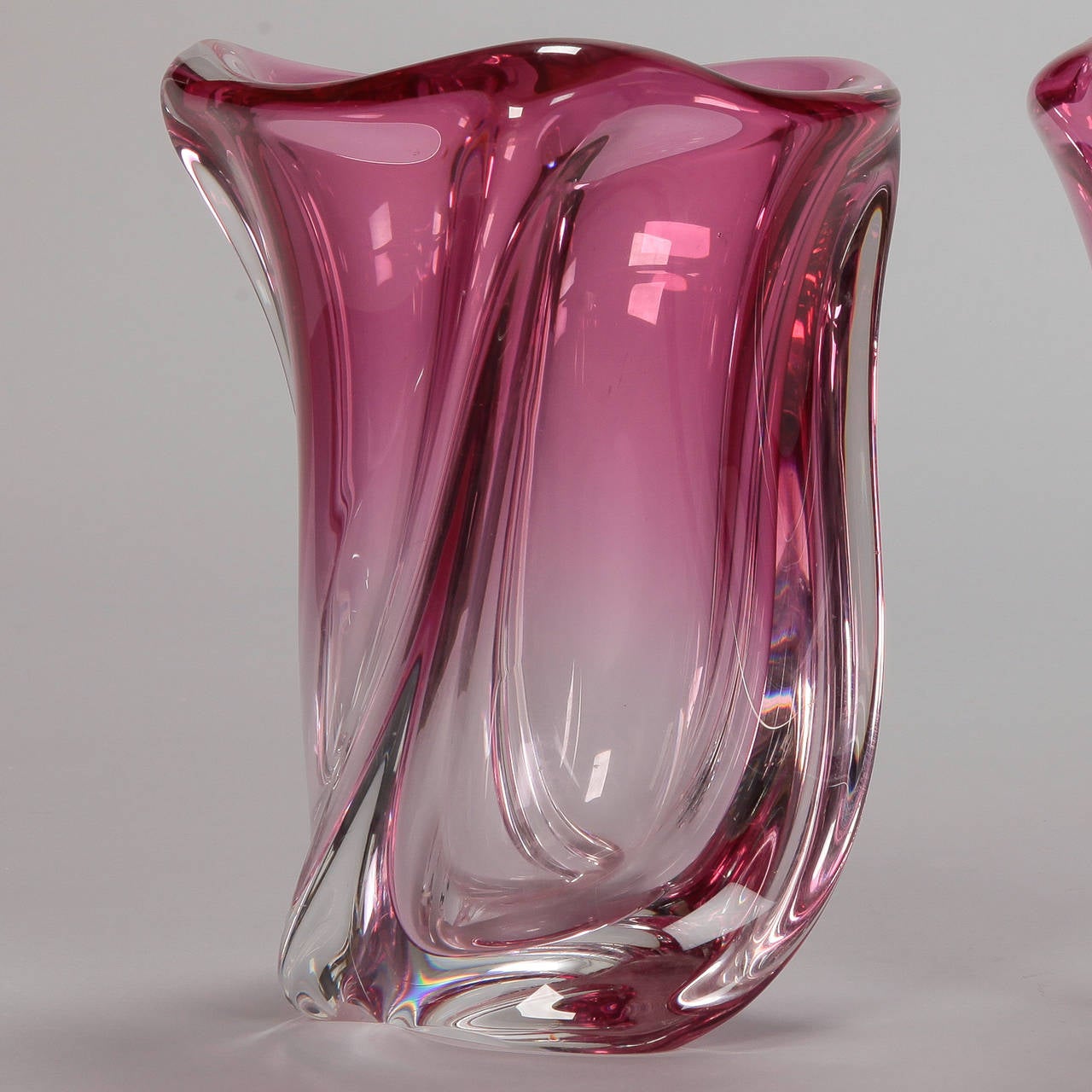 Belgian Pair of Rose Colored Val Saint Lambert Vases