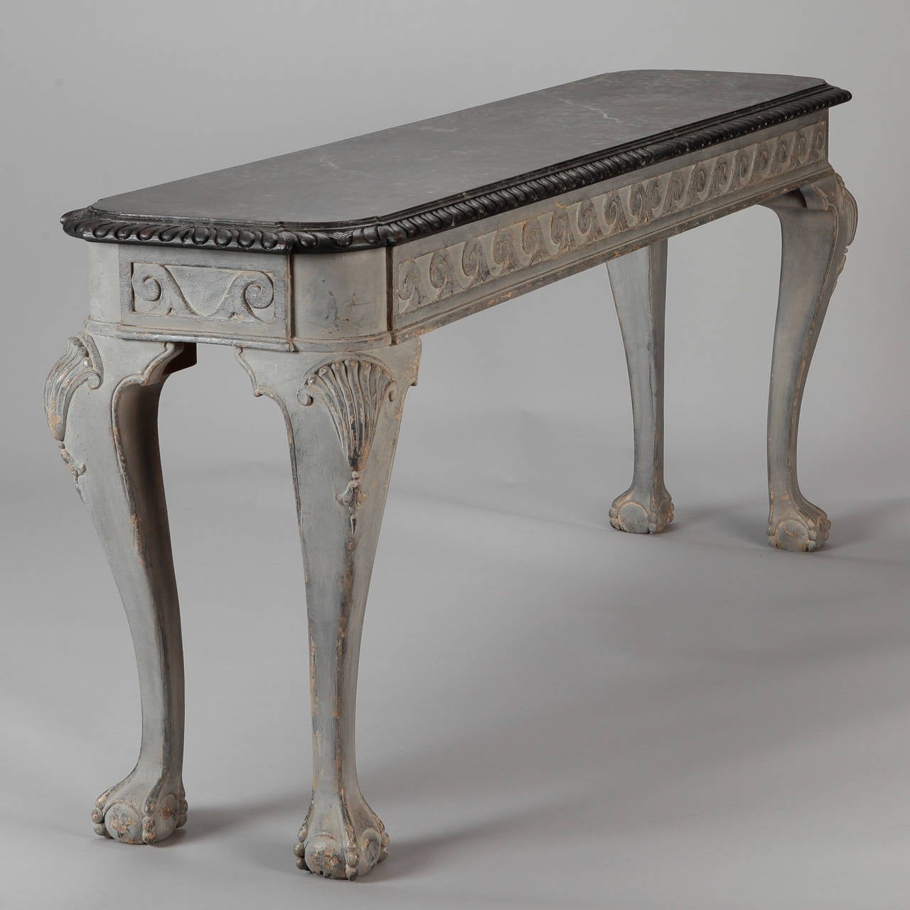 Carved French Gray Wood Console with Painted Faux Marble Top
