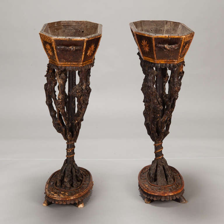 Carved Pair 19th Century French Twig Jardineres from Ardeches Mountains