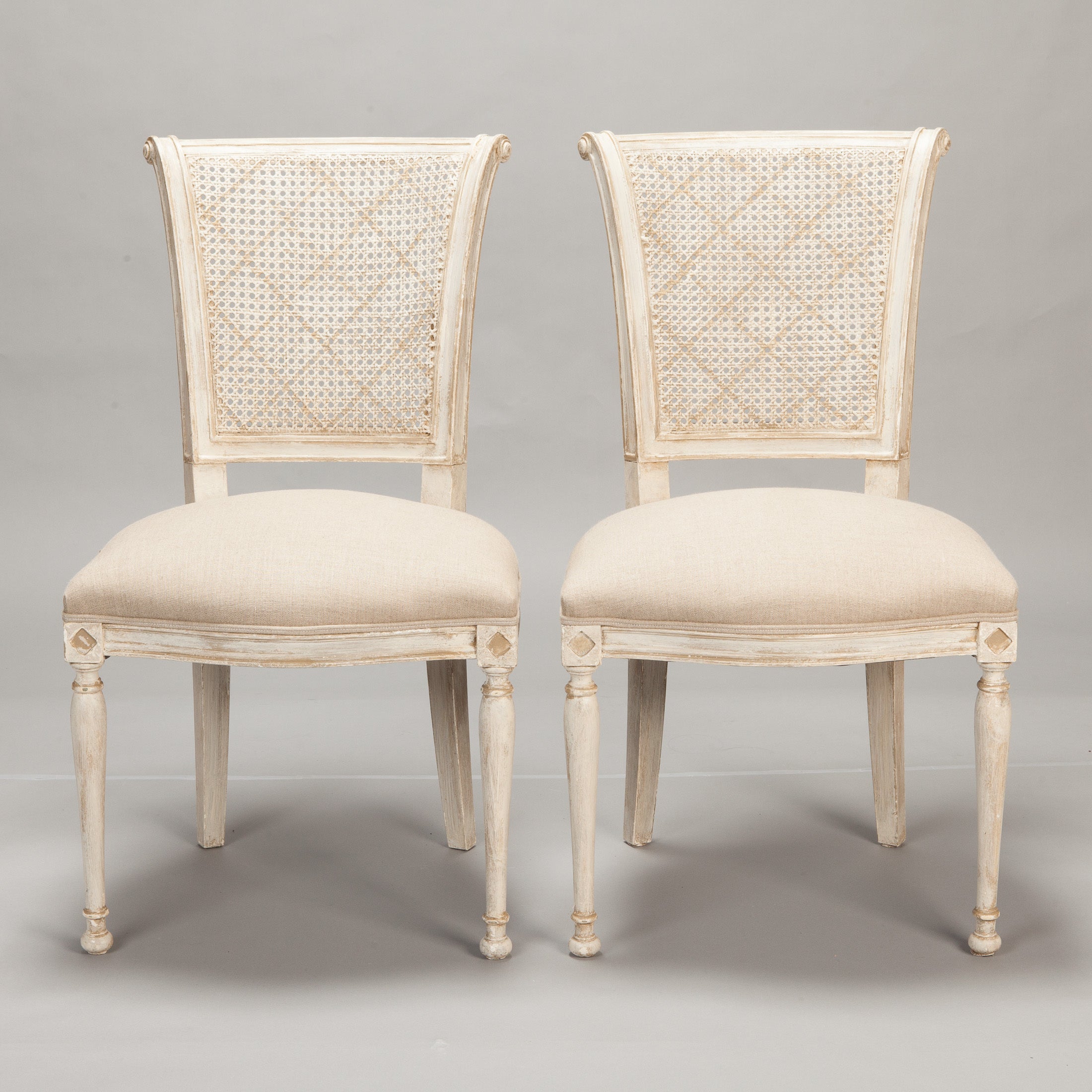 Set of 12 French Cane Back Antique White Dining Chairs