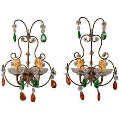 Pair Two Light Italian Metal Sconces with Colored Glass Drops