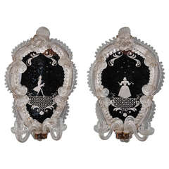 Pair Venetian Mirror Back Sconces with Etched Figures 2