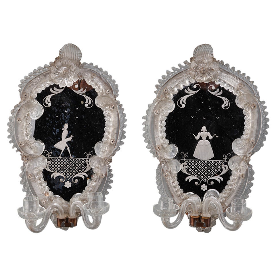 Pair Venetian Mirror Back Sconces with Etched Figures