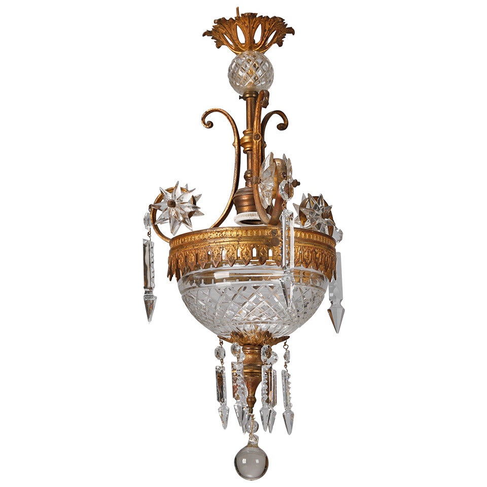 Small Bronzed Brass French Chandelier With Crystal Bowl