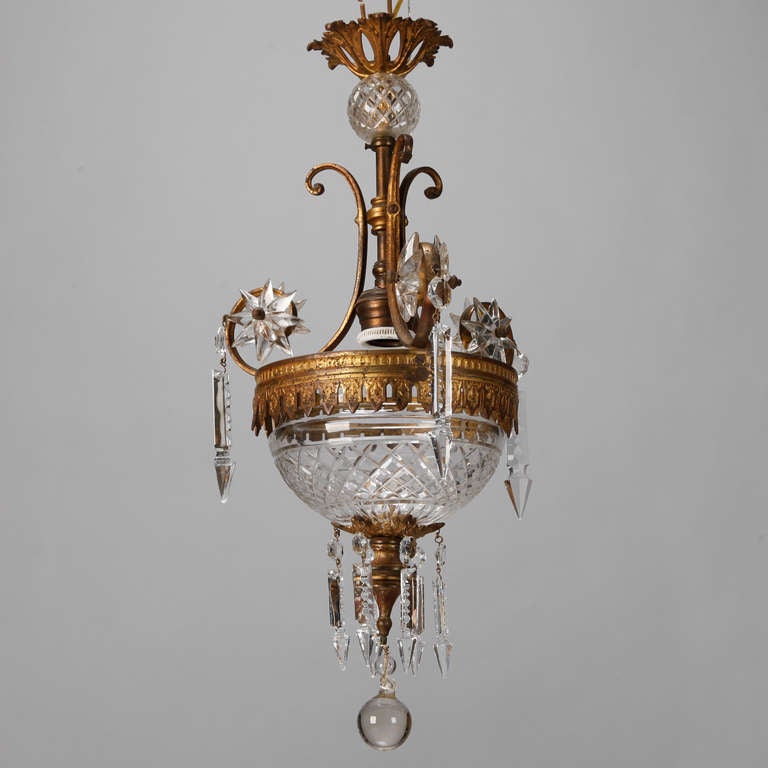 Small bronzed brass French chandelier with etched crystal bowl and hanging cut crystals.
# of Sockets:  1
Socket Type:  Regular