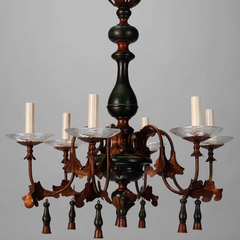 Italian Wood And Gilt Metal Six Arm Chandelier In Good Condition In Troy, MI