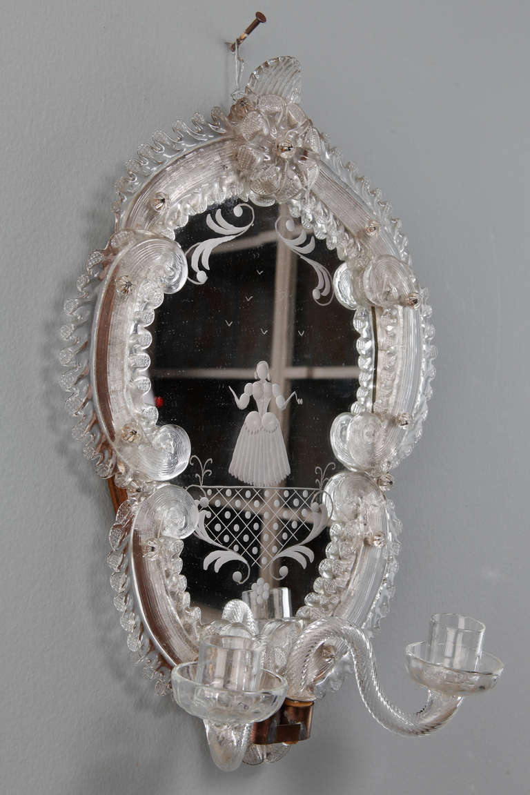 Italian Pair Venetian Mirror Back Sconces with Etched Figures