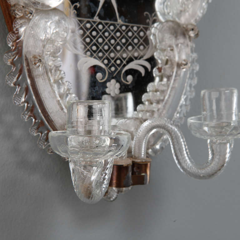Glass Pair Venetian Mirror Back Sconces with Etched Figures