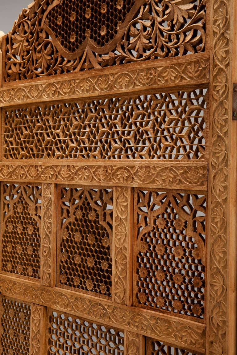 19th Century Three Panel Anglo Indian Carved Folding Screen In Excellent Condition In Troy, MI