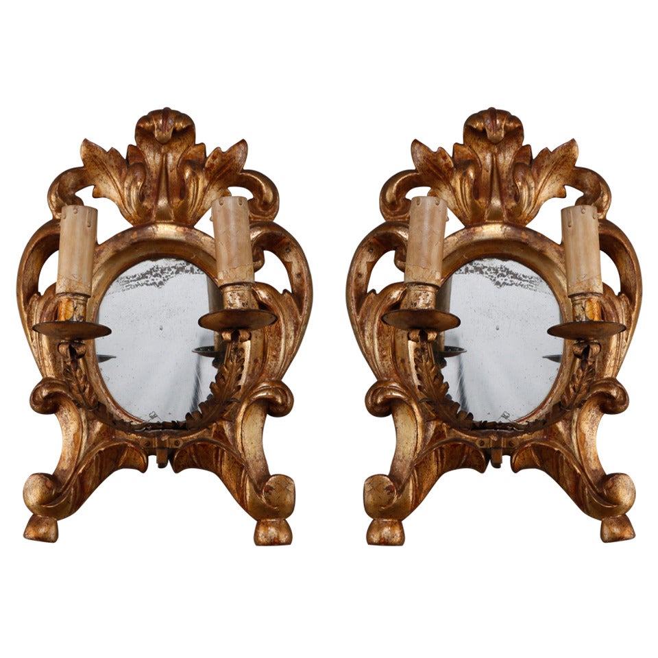 19th Century Gilt Wood Two-Light Sconces with Mirrored Center