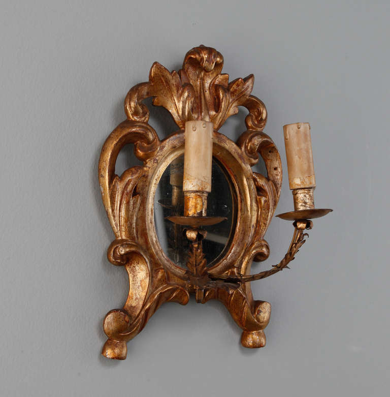 French 19th Century Gilt Wood Two-Light Sconces with Mirrored Center