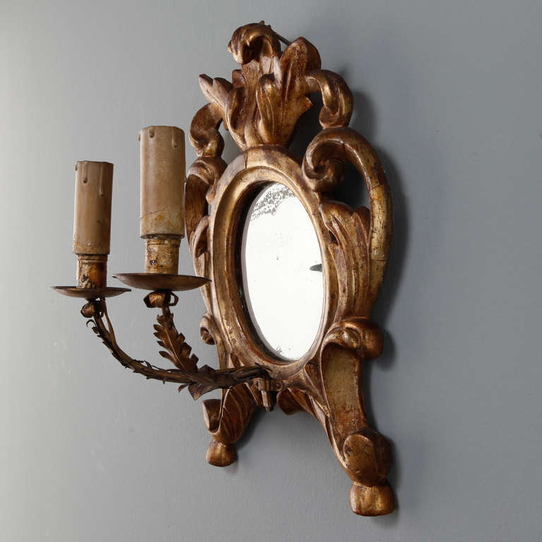 Carved 19th Century Gilt Wood Two-Light Sconces with Mirrored Center