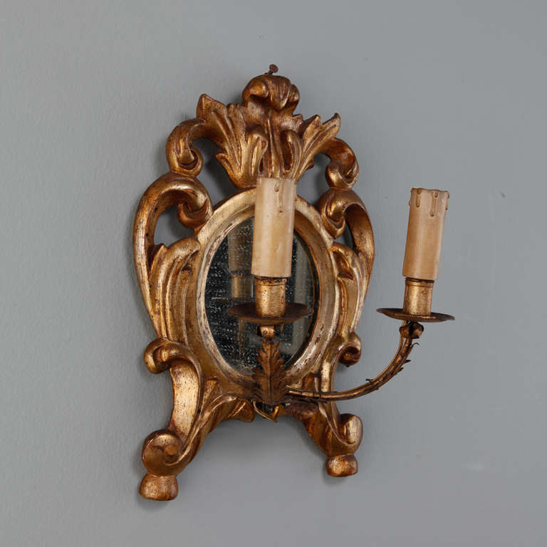 Giltwood 19th Century Gilt Wood Two-Light Sconces with Mirrored Center