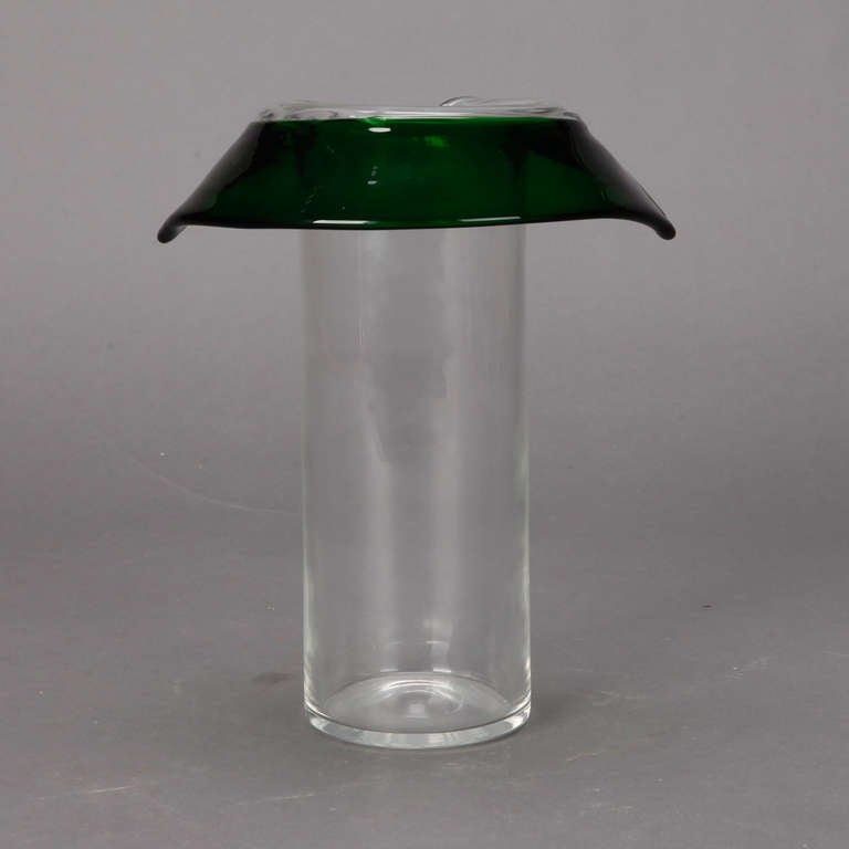 Circa 1955 Murano glass cylindrical vase with an emerald green collar form designed by Flacio Poli for Seguso Vetri d’Arte.